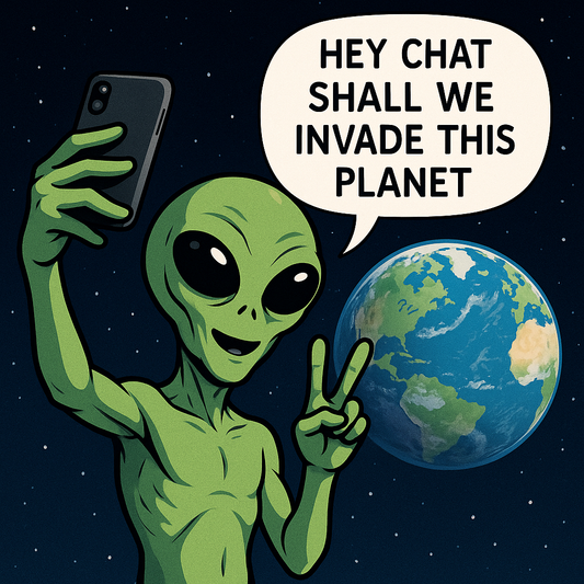 alien taking a selfie with Earth in the background.