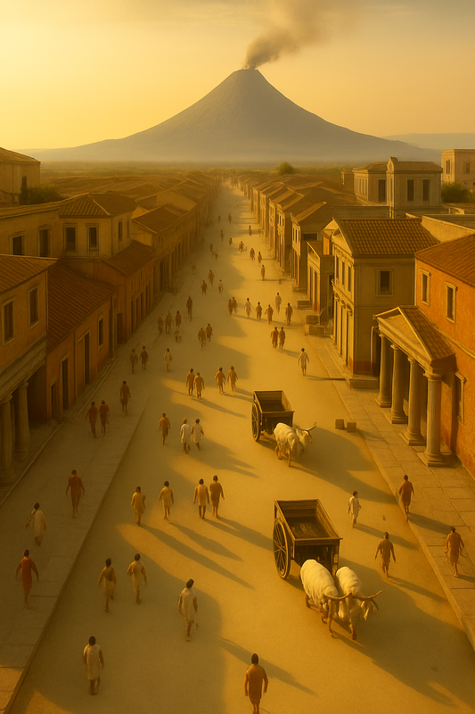 a bustling ancient Roman city at sunset